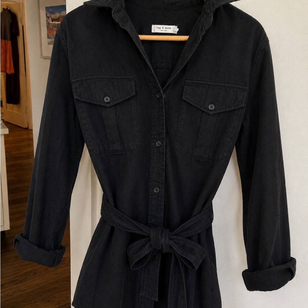 rag & bone Black Long-Sleeve Button-Front Shirt Dress with Self-Tie Waist